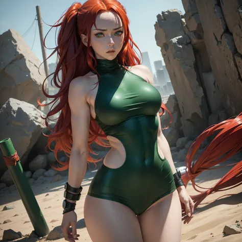 Jujutsu kaisen screencap of original character , a very beautiful female character, long curly red hair and green eyes, pale, voluptous and slender, busty, wears a green tube top outfit. 