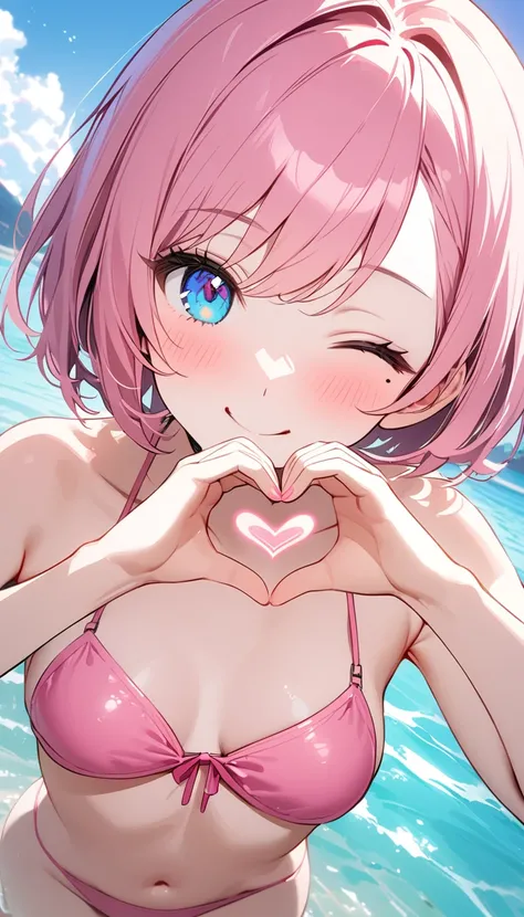 (1 girl),(Best Picture Quality, 8K, Masterpiece:1.3), (high school student:1.5), ((pink lob hair:1.1)), (bob cut),(swept bangs), (cute eyes, pupil black, iris skyblue, youthful face), (mole under right eye), (standard weight), (small breasts),(big hip), (g...