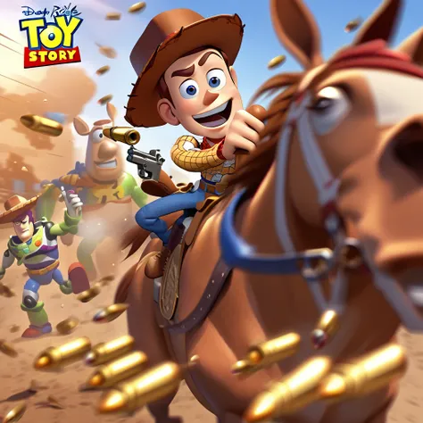 (Toy Story),(Woody) ride on horse holding gun, motion blur, bullets, extremly detailed