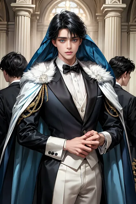 masterpiece、first-class、high quality、1 boy、One person、Male Focus、Gazing at the audience、Messy black hair、Adorable big blue eyes、White、noble、Noble、Sexy, very voluminous, puffy cape、tuxedo、Very big and long、A cape longer than one&#39;s height、A black and red...