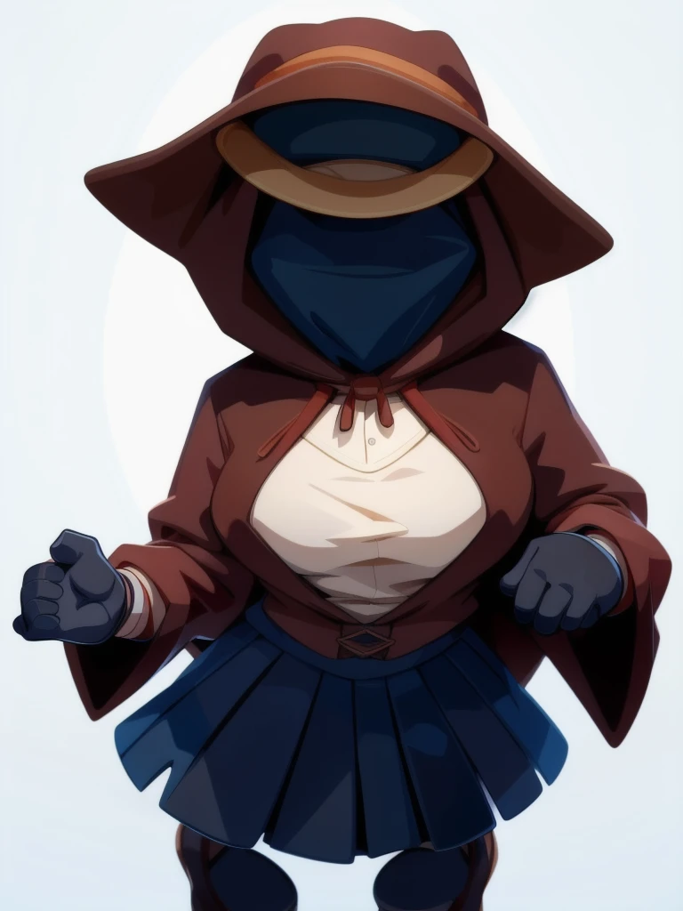 1girl, gloves, gradient background, hat, hood up, invisible, large breasts, loafers, omurice, painting of victorian era invisible man, pleated skirt, pocket, shirt, shoes, solo
,high quality, best quality, uhd, detailed image,
(flat colors, lineless, cel s...