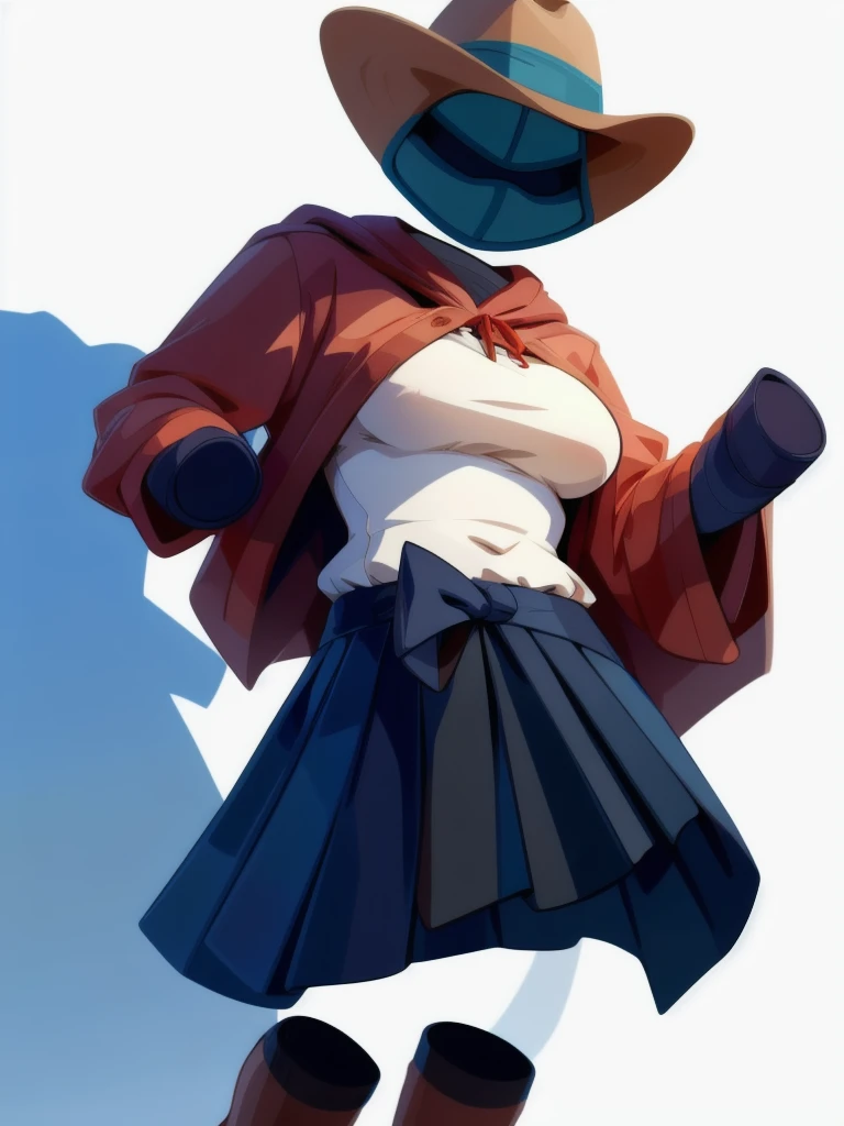 1girl, gloves, gradient background, hat, hood up, invisible, large breasts, loafers, omurice, painting of victorian era invisible man, pleated skirt, pocket, shirt, shoes, solo
,high quality, best quality, uhd, detailed image,
(flat colors, lineless, cel s...