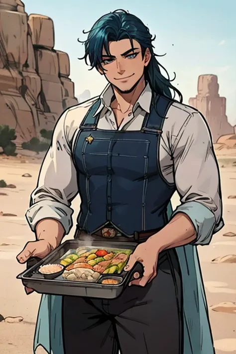 Perfect face. Perfect Hands. A muscular blue haired cowboy with gray eyes with long hair in a sheriffs outfit is making dinner in the desert of a wild west town with a big smile