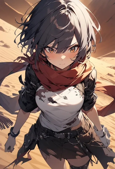 desert、punk。Tattered clotheasterpiece,Highest quality)),One girl,Beautiful attention to detail,Short Hair、Dynamic composition、Wearing a scarf