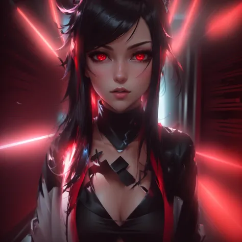 a close up of a woman in a black top and red lights, red aura, darkness aura red light, badass anime 8 k, red and cinematic lighting, anime style 4 k, emitting evil red aura, glowing red, crimson red aura, cyberpunk anime girl, female cyberpunk anime girl,...