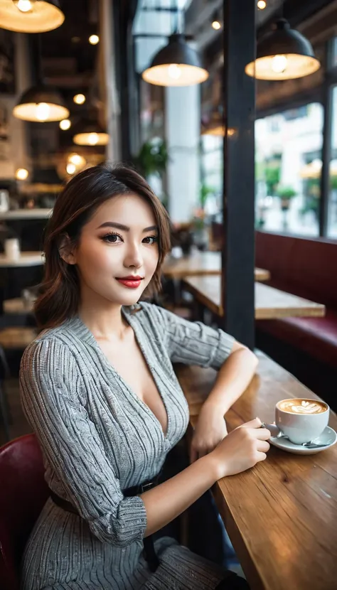 .In a trendy cafe with lots of windows，Half-length photo of a lovely and attractive woman ::3 Trends, The modern fitted outfit accentuated her perfect figure ::2 photos taken with a Canon 6D Mark II and an 85mm lens at aperture/ 4 and ISO 100 ::3. Glamour ...