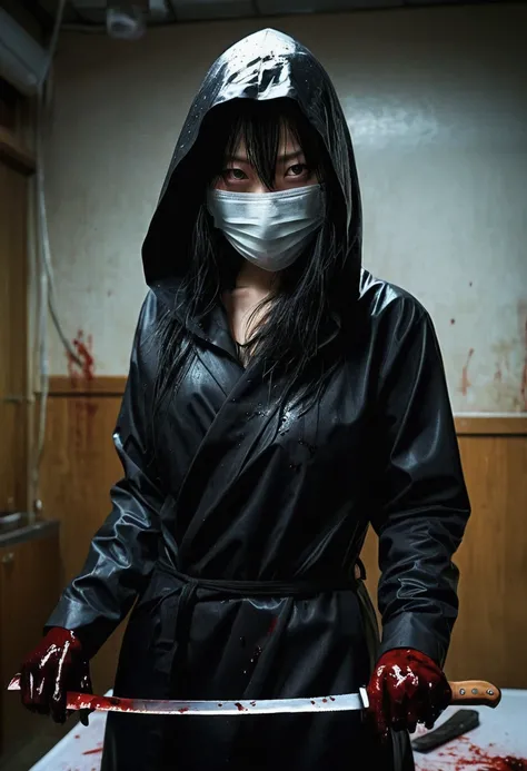 korean girl, (behind corpse, surgical mask), holding knife, stabbing, grabbing breast, black gloves, torture chamber, room full of blood, black raincoat, hood up, holding knife, black gloves, behind corpse, blood splatter, long bangs, black wet suit, night...