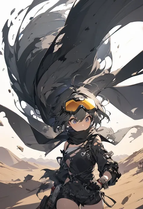 desert、punk。Tattered clotheasterpiece,Highest quality)),One girl,Beautiful attention to detail,Short Hair、Dynamic composition、Wearing a scarf、Wearing dust goggles