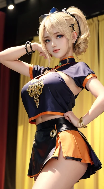 Mary Rose, Blonde Hair, ((12 years old)), ((Short curly hair)), Eye((Smart Eye, Black)), clothing((satin, mini skirt, satin带饰边, orange, orange)), Accessories ((Hairpin, Shock, bracelet)), Ponytail, (((slim, Huge breasts))), Big breasts, Korean makeup, Happ...