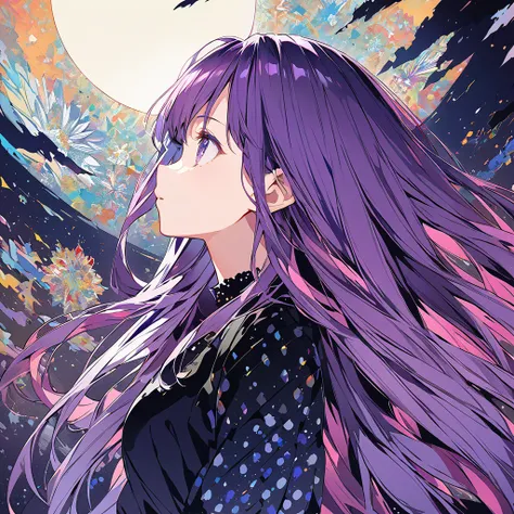 Profile of a brave purple-haired princess girl with long hair, exposed　Screentone processing　Looking up at the moon　Shaded painting style　Abstract Painting　lilac
