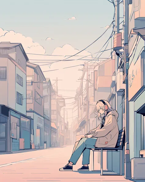 Detailed An anime-style illustration of a boy sitting on a bench in an urban setting. He has long, wavy light hair and wears headphones. He is dressed in a casual outfit with a loose-fitting coat over a dark shirt or outfit. The background features a stree...