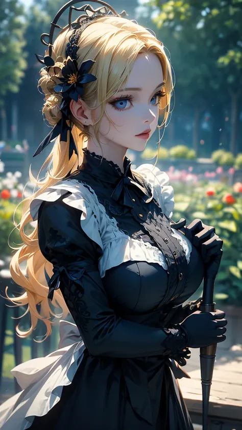 masterpiece, high quality, 4K, Beautiful design, silhouette，blonde， Very detailed，in the garden， wonderful, Finer details,  Very knowledgeable woman, Very detailedソロ, 1 female,Big Breasts，Watering the flower，Gothic Lolita Fashion，