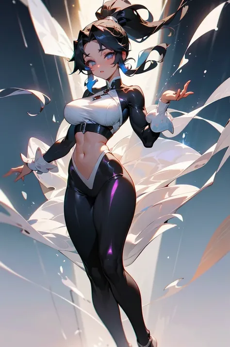 (whole body、Are standing、Head to Toe:1.3),(1 female:1.2),(Black Hair、High Ponytail、Muscular Woman:1.1),(Front lighting:1.2),with a Silver body and glitters with lights above,Extreme iridescent reflection,in the style of truth tracing,Vibrant manga,Shiny/ S...