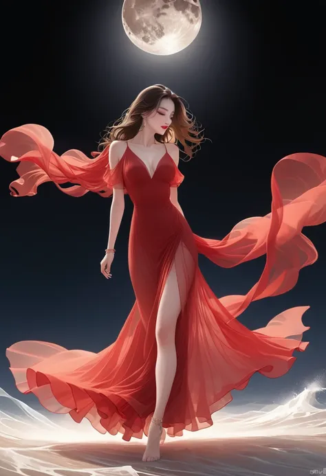 (masterpiece, best quality:1.2), a masterpiece, stunning detail, an action shot, low angle, (top quality)), ((masterpiece)), a long hair girl, transparent long red dress, dance remove with a man, lamps, brown hair, shirt, black hair, 1boy, cleavage, jewelr...