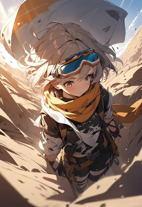 desert、punk。Tattered clotheasterpiece,Highest quality)),One girl,Beautiful attention to detail,Short Hair、Dynamic composition、Wearing a scarf、Wearing dust goggles、Strong sunlight