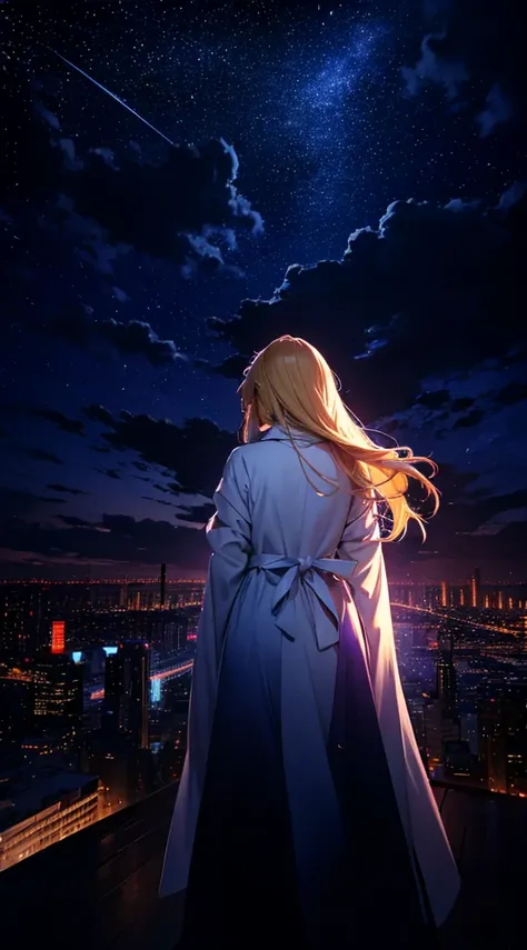 １people々々々々々々々,Blonde long hair female angel，Long coat， Dress Silhouette， Rear View，Space Sky, comet, Anime Style, City night view from the rooftop，