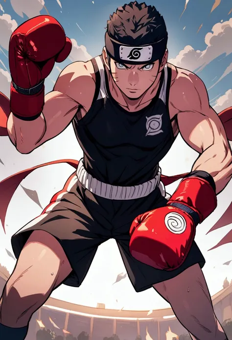 naruto in boxing gloves, boxing shorts, front perspective.