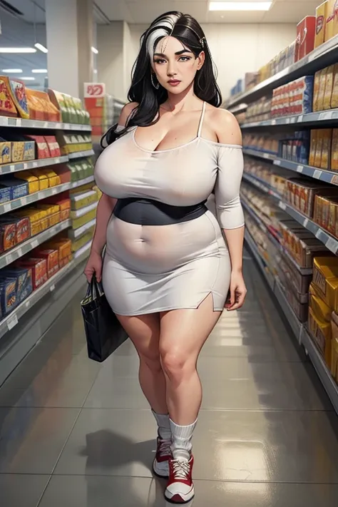 a mature woman,black hair((with a white streak on his face)),short up to the shoulders,blue colored eyes, thin lips,Round face,big breasts wearing a light gray cotton dress((with neckline)),((belly showing)),clinging shorts,wearing red sneakers with short ...