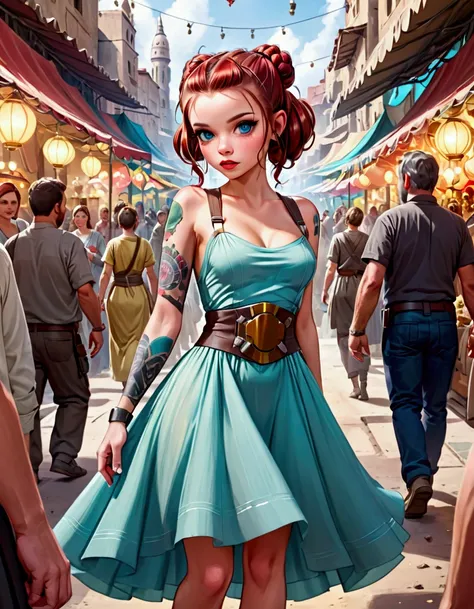 (Star Wars Punk) A lovely woman in an airy dress is moving through crowds of ruddy aliens, marketplace on tattooine