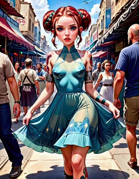 (Star Wars Punk) A lovely woman in an airy dress is moving through crowds of ruddy aliens, marketplace on tattooine