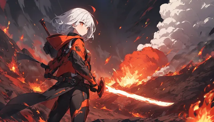 mysterious。White Hair Girl。詳細なbackground：Volcano Warrior:

background：Volcano erupting、Red glowing lava flow。
White Hair Girl：Wearing a heat-resistant suit、He has a lava sword in his hand。
effect：剣から放たれる炎のeffect、Fireball from a volcanic eruption。