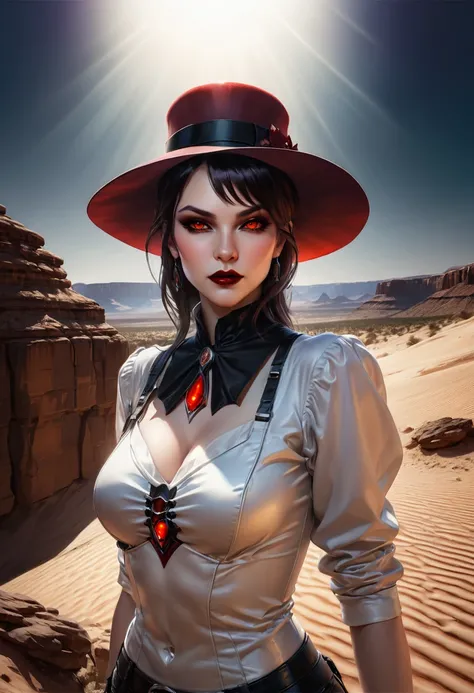 a picture of a female vampire cowboy in the desert night, a goth beauty, exquisite beautiful female vampire, ((anatomically correct: 1.5), (ultra detailed face: 1.2), best detailed face, red glowing eyes, full body, busty, wearing white bottom shirt, short...