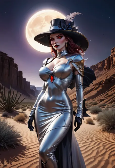 a picture of a female vampire cowboy in the desert night, a goth beauty, exquisite beautiful female vampire, ((anatomically correct: 1.5), (ultra detailed face: 1.2), best detailed face, red glowing eyes, full body, busty, wearing white bottom shirt, short...