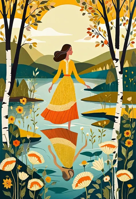 In the style of Albena Vatcheva, Andy Gilmore, Alma Thomas, Anna Kovecses, Emma Lewis. Stylized figures. Ethereal woman, wearing a wide skirt with flower and leaf motifs, walks on the waters of a river, on the banks of the river colorful cats walk some cat...