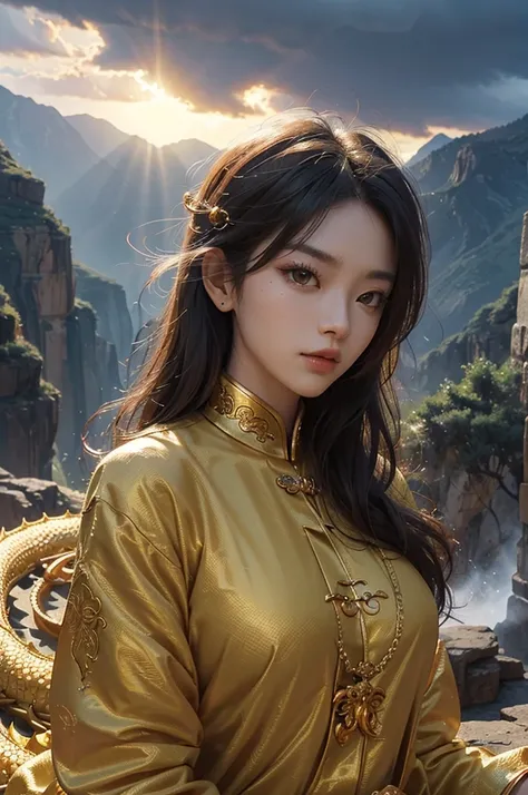 So sublime and divine々Beautiful golden dragon（Dragon face close-up）is coiled up and floating in the center of the screen, glaring at the camera.。The surrounding area is a canyon where no one can get close, and lightning is flashing in the background.、The s...