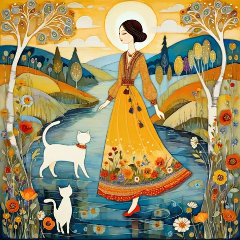 In the style of Albena Vatcheva. Stylized figures. Ethereal woman, wearing a wide skirt with flower and leaf motifs, walks on the waters of a river, on the banks of the river colorful cats walk some cats watch her. In the background mustard-colored sunshin...