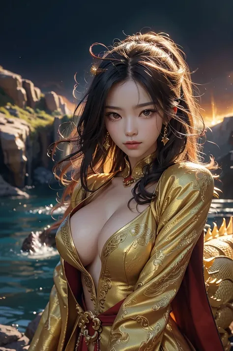 So sublime and divine々Beautiful golden dragon（Dragon face close-up）is coiled up and floating in the center of the screen, glaring at the camera.。The surrounding area is a canyon where no one can get close, and lightning is flashing in the background.、The s...