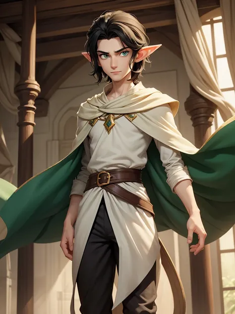 (best quality), 1boy, male, pale skin, black hair, medium hair, curtain hair, tousled hair, green eyes, perfect eyes, dark circles under eyes, tall, slender, handsome, strong jawline, lazy, light smile, attractive, (elf), pointed ears, fantasy clothes, mas...