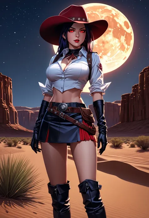 a picture of a female vampire cowboy in the desert night, a goth beauty, exquisite beautiful female vampire, ((anatomically correct: 1.5), (ultra detailed face: 1.2), best detailed face, red glowing eyes, full body, busty, wearing white bottom shirt, short...