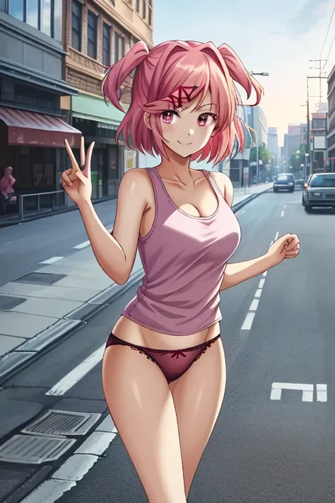 2d, masterpiece, best quality, anime, highly detailed, full body, 1girl, solo, natsuki, pink eyes, pink hair, two side up, hair ornament, hair ribbon, smile, pink tank top, ((pink panties)), cowboy shot, looking at viewer, street city background