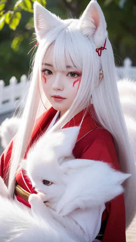 White Demon Fox、Nine-tailed Fox、Japanese women、kimono、Fair skin、Red lines on face、8K、I have long hair