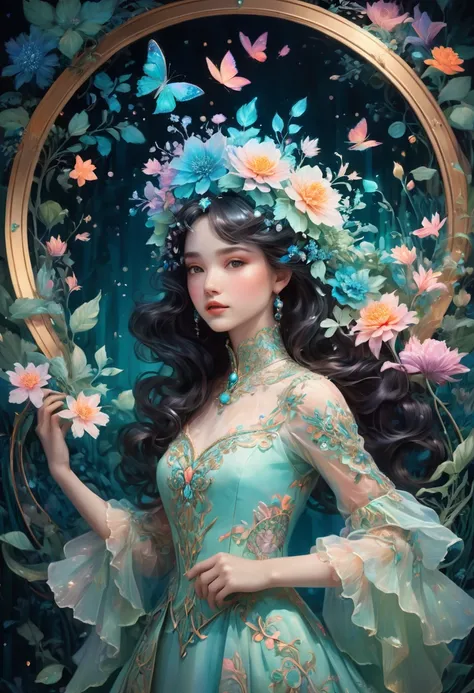 Create a surreal portrait of a woman in an enchanting, fantastical garden. Detailed, expressive features with light blue and pink hues for her skin. Deep, glossy black hair with intricate fine lines. Vibrant, patterned outfit in purples, blues, and greens ...