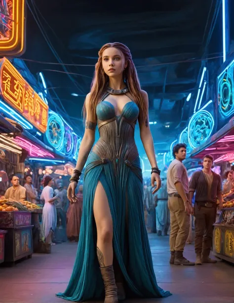 a lovely woman in an airy dress, marketplace on tattooine, aliens, star wars, cyberpunk, neon lights, crowd, futuristic, vibrant colors, detailed, photorealistic, 8k, high quality, cinematic, dynamic pose, beautiful girl, long flowing hair, intricate dress...