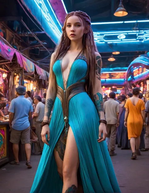 a lovely woman in an airy dress, marketplace on tattooine, aliens, star wars, cyberpunk, neon lights, crowd, futuristic, vibrant colors, detailed, photorealistic, 8k, high quality, cinematic, dynamic pose, beautiful girl, long flowing hair, intricate dress...