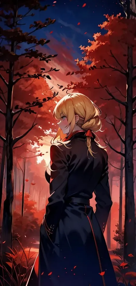 blonde woman，long coat，rear view，silhouette，red forest，red moon，red night，