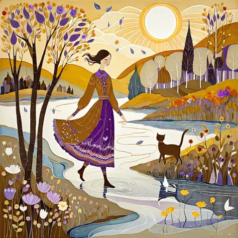 In the style of Albena Vatcheva. Stylized figures. Ethereal woman, wearing a wide skirt with flower and leaf motifs, walks on the waters of a river, on the banks of the river light brown cats with purple collars walk. In the background mustard-colored suns...