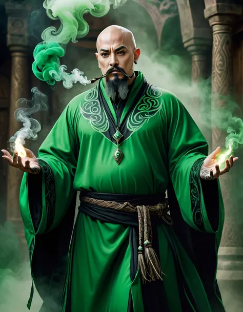 A photorealistic image of a wizard wearing green robes and having black tribal tattoos, bald with a goatee, green smoke hangs in the air around him, standing, front, 3/4 body, epic detail, epic composition, fantasy art portrait.