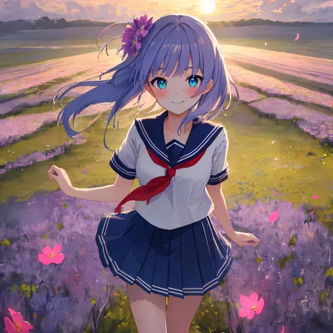 (( best quality, masterpiece, 4k, 8k, 16k, absurdrity, retina)), Ultra-Wide Angle, anime style, 1girl, smile, blunt bangs, drooping eyebrows, aqua eyes, glowing eyes, violet hair, meadow, smile, white serafuku, blue sailor collar, red neckerchief, long whi...