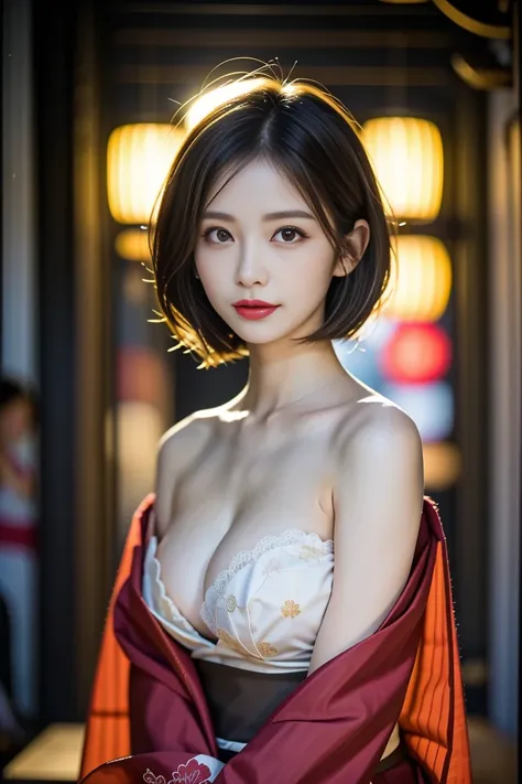 Elegant Japanese geisha with a curvy figure, 28 years old, height 162cm,
 voluptuous traditional beauty (92-62-90 cm), ample E-cup bosom, slender 62cm
 waist, full 90cm hips, oval face with high cheekbones, almond-shaped eyes (deep
 brown, RGB: 39, 26, 17)...