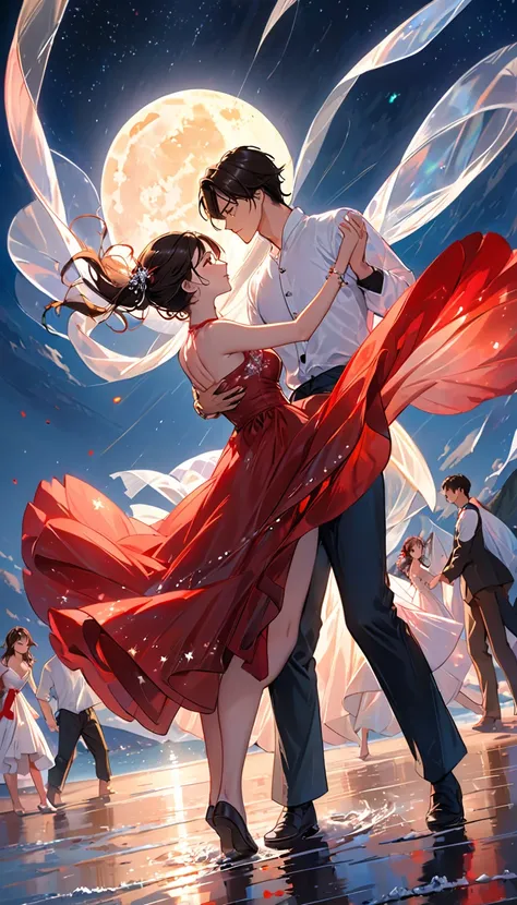 a masterpiece, stunning detail, an action shot, low angle, (top quality)), ((masterpiece)), a long hair girl, transparent long red dress, dance remove with a man, lamps, brown hair, shirt, black hair, 1boy, cleavage, jewelry, remove, hetero, multiple coupl...