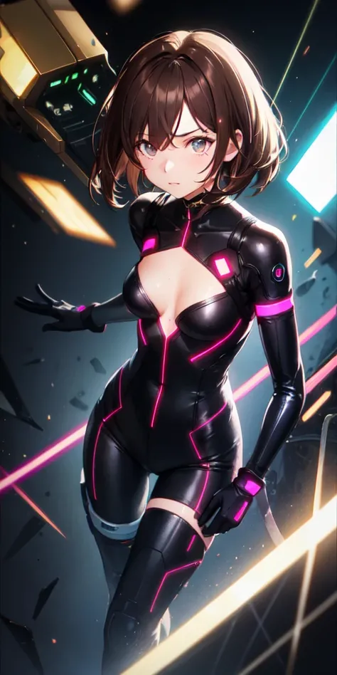 colorful, 1girl, mature, brown hair, black eyes, small breast, cyber gloves, glow, glowing eyes, black laser, glowing gloves, dark particles, hacker uniform, wallpaper, chromatic aberration,