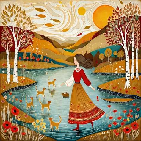 In the style of Albena Vatcheva. Stylized figures. Ethereal woman, wearing a wide skirt with flower and leaf motifs, walks on the waters of a river, on the banks of the river light brown cats with red collars walk. In the background mustard-colored sunshin...