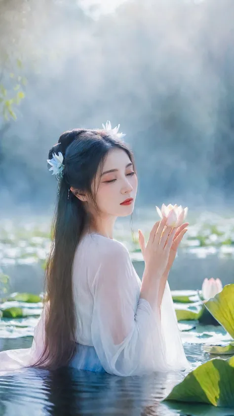 imagine Thai photographer Ren Whalker creating dreamy summer portraits,ethereal Asian forest nymph emerging from misty lake amongst water lilies,powdery pale blues and whites,painterly watercolor textures,soft backlighting and atmospheric haze,lyrical fair...