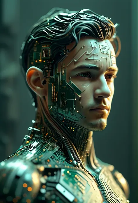 isometric style circuitboard of a handsome man's bust made from circuitboard, ((focus))