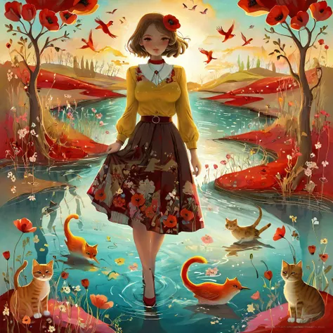 Artistic style by Albena Vatcheva.. Stylized figures. Ethereal woman, wearing a wide skirt with flower and leaf motifs, walks on the waters of a river, on the banks of the river light brown cats with red collars walk. Around her, colorful birds with floral...