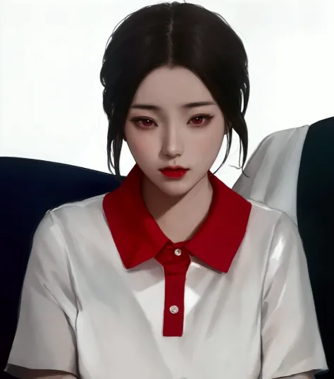 There was a woman sitting wearing a red collared shirt., Inspired by Sim Sa Jung, Korean girl, Realistic anime style, Made with Anime Painter Studio., korean woman, Artwork in the style of gouache, digital pain, In the art form of the pond, digital anime i...